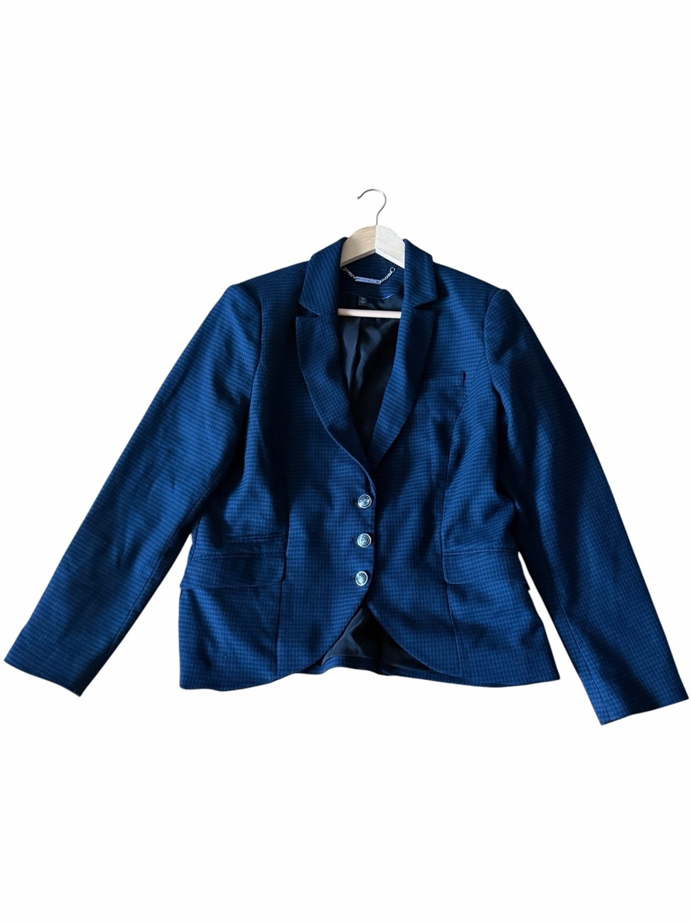White House Black Market Blue Houndstooth Blazer Jacket Size 14 Metallic Buttons